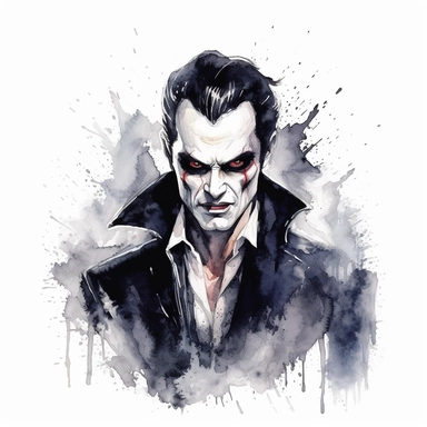 watercolor, mystic, gothic, dark guy dracula with fangs, very detailed, clipart, white background, black