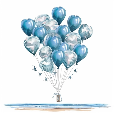 Create a whimsical clipart image of heart-shaped balloons in shades of blue, floating against a transparent background, bringing an element of fun and celebration to your beach wedding decorations ,Weeding on the beach, Watercolor, Detailed, sweet, majestic, high resolition, transparent background, no captions