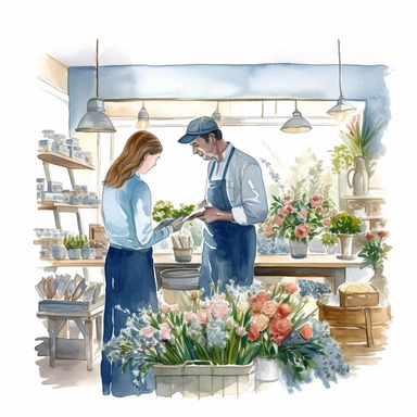 watercolor, hyper realistic, white background, white margins, 16k, ultra detailed clipart, cut out image, hand-drawn illustration style for picture books a flower shop assistant with soft blue accents, helping a customer choose the perfect flowers for their occasion