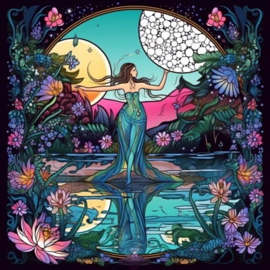 A captivating fairy hovering above a mystical pond, glittering dress adorned with gemstones, surrounded by blooming water lilies and dragonflies, Moonlit forest with a serene pond reflecting the night sky, Romantic and mysterious ambiance, Clipart, using bold outlines and vivid colors