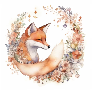 fox sleepy moon clip art october download, in the style of intricate, delicate flower and garden paintings, light white and orange, the stars art group (xing xing), dreamy watercolor florals, faux naïf, shaped canvas,white backgound