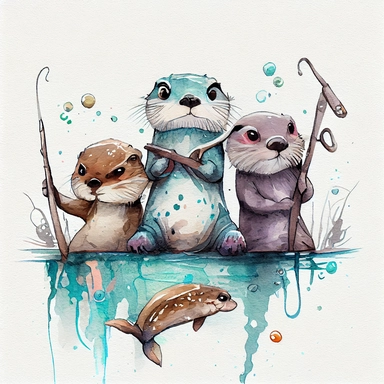 funny otter family going fishing big fish, CLIPART, watercolor, ink, ultra-detailed, bright pastel colors, cartoon style, white background, black outside lines –testp,