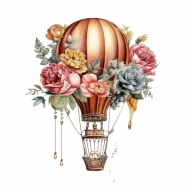 Vintage hot air balloon with flower sublimation clipart, hd, intricate detail, illustration style, high solution, on the white background