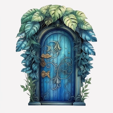 Watercolour beautiful azure blue realistic forest fairy door with realistic perfectly detailed forest leaves beautiful realistic details perfect forest fairy door magnificent details beautiful compelling realistic PNG image,ultra highly detailed, 18k, sharp focus, bright photo with pastel colours digitally enhanced, enhanced graphics, straight, sharp focus, bright lighting, intricate detailed png image ,high definition,300dpi,graphic clipart,computer graphics