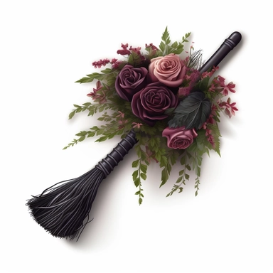 clipart, little gothic witch broom decorated with greenery and roses, isolated on a white background, vector, dark colors, realistic, 3D, no shadows, super-resolution, 32K