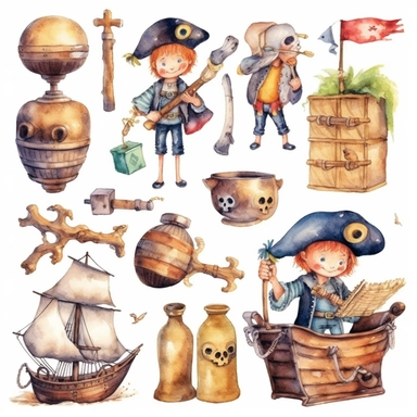 Watercolor pirates cute illustrations clipart set, simple, soft colors, cartoon elements, different variants, cute little pirate boy and girl pirate ship, pirate treasure chest, daggers, swords, pirate glag, skulls, billybones,, wooden elements, loot,, separate elements with a margin