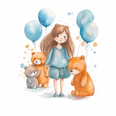 watercolor clipart cute bears with little girl, in the style of uhd image, naturecore, whitcomb-girls, cottagecore, light orange and dark cyan