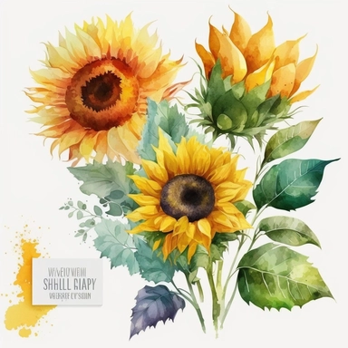 Design a sunflower bouquet clip art with a vibrant watercolor style. Create a composition that includes multiple sunflowers arranged in a bouquet with lush green leaves. Use a mix of warm colors like yellow, orange, and red to create a cheerful and lively artwork. Ensure the bouquet stands out against the white background, 8k