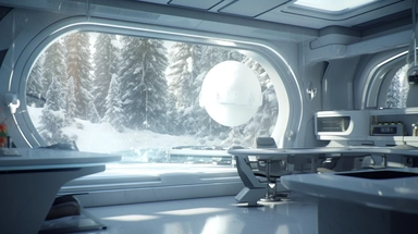 movie clip scene , shimmering lights and shadows over living room studio library and kitchen open concept photographic high definition render, cold blinding shinny white winter light god rays shadows shimmering closeup detail concept art detailed painting with giant spaceship window of a cool industrial living quarters spaceship , huge over window with gorgeous galactic view, happy blade runner android, cool airvehicle cockpit, living bedroom office, droid parts in shinny clothes sitting on a fr