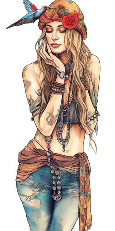 woman in fashion pose, Bohemian, exotic, blue eyed and blonde haired woman with a headband with flowers and feather, cowboy boots, lotus choker, large earrings, tattoos, hands in prayer, wearing her heart on her sleeve, watercolor illustration on white background, watercolor clipart on white background, watercolor sticker on whtie background, in th e style of Job ID: 604300f4 - 6984 - 4a9a - aa16 - 00313a985d77 Seed: 1300855054