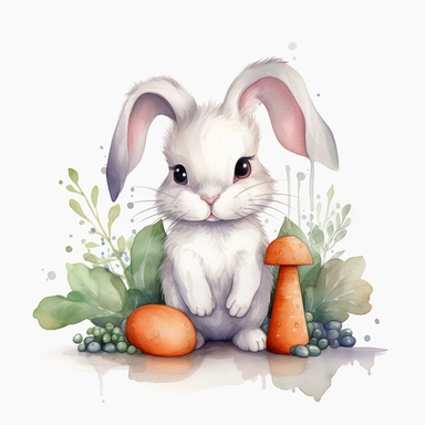 Watercolor: cute baby big eye rabbit happy cubby white bunny surrounded by carrots. png Full body realistic cartoon 32k UHD cute. 15cm thick outline. Black color. No shadow on the ground. with illustrations realistic water color and detailed illustrations. Cartoon, PNG clipart, transparent white background