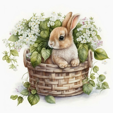 Watercolour , cute bunny, in basket, lily of the valley, easter,cottagecore, vibrant, Clipart,white background, detailed, 8k,