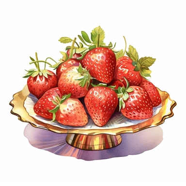 A pile of fresh strawberries on a gold serving tray clipart, white background, watercolor drawing