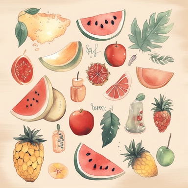 Digital stickers, summer, icons, watercolor, minimalistic, clipart, aesthetic, neutral colors, fruits