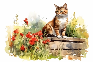 picturesque farmyard scene, watercolor and ink style, tabby farm cat sitting among red spring flowers, clipart on plain white background, nature vibes, super high detail ultra precision 16k HD, clean crisp brushwork, painted by Beatrix Potter
