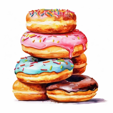 a beautiful detailed watercolor artwork of delicious stack of old-fashioned donuts, food art, clipart, clear border, hd, on white background,