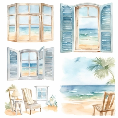 watercolor beach window clipart, in the style of realistic and hyper-detailed renderings, dreamy watercolor scenes, photo-realistic techniques , light-filled scenes, charming character illustrations, white background