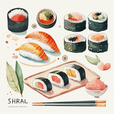 High Detail clipart of sushi, no sauce, no lines, no outlines, clipart, featured on dribble, japanese Dinner clipart, minimalist, computer vector graphic design clip art, watercolor illustration clipart, watercolour clipart, PNG transparent background