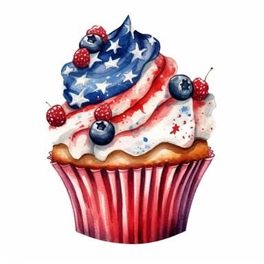 watercolor American flags cupcake, cartoon sticker, clipart, white background, hd, 32k