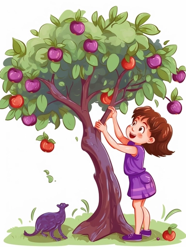 girl happily picking apples from apple tree, tree is growing purple colored apples, cartoon style clipart