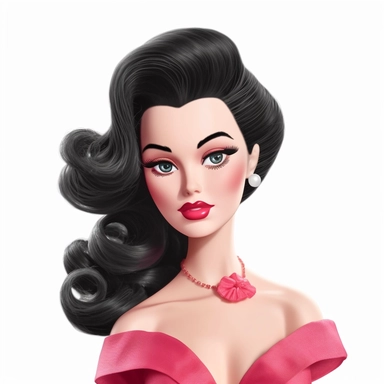 Beautiful pretty barbie doll 50's style, dark hair, paint art style, detail, clipart, white background, superrealistic, one of a kind