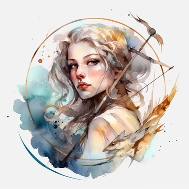 zodiac sign sagittarius as a girl, clip art, fantasy, watercolor, serge marshennikov, corcle frame , arrow
