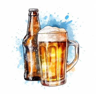 one cold beer clipart on a white background, in the style of ink wash painter, light azure and dark amber, light amber and silver, light gold and light amber, luminous 3d objects , no watermark, text, 300 DPI , typography, shapes do not stick together, no text in the picture, on a white background