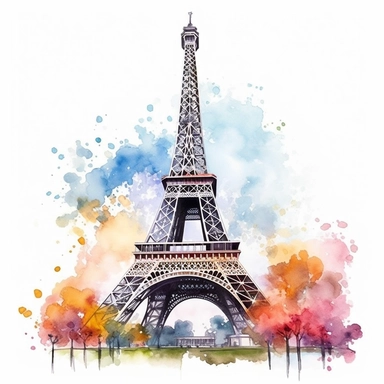 watercolor effiel tower clipart, vibrant colors, hyper realism