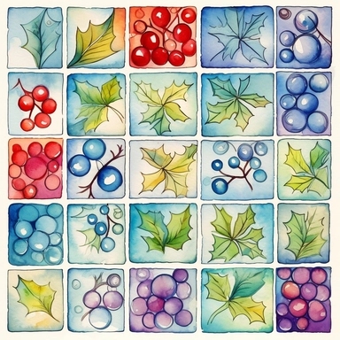 Watercolor line art, little squares filled with doodly patterns of  xmas ,ornaments and decorations , illustrations clipart set, simple, christmas colors , cartoon elements, different variants , stocking, bubble ornaments, mistletoe, holly, wreath, modern art, separate elements with a margin