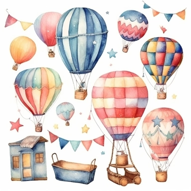 Watercolor carnival,Hand painted clip art with party elements isolated on white background. Hot air balloon, bunting, stars.