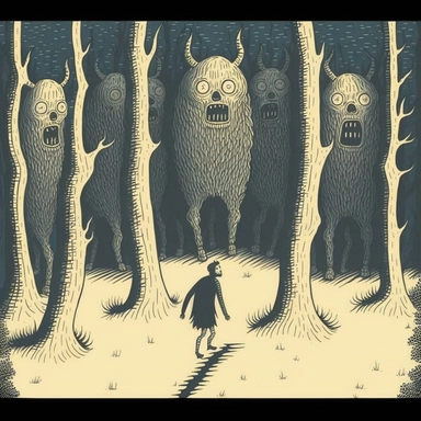 in the style of John Kenn Mortensen, human trail runner with head as a howling wolf, through white birch forest, chased by monsters, ghosts, animals, spooky, colorful, white background, magical, fantasy, vector, clipart, elaborate, ultra-detailed, best quality, well composed, vibrant color tone, trending on artstation, elaborate, cinematic lighting, vibrant colors, high definition