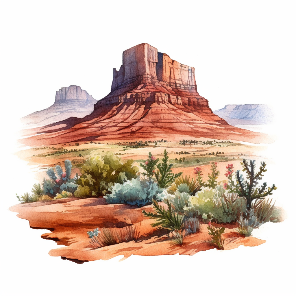 Hyperrealistic watercolor mesa and butte clipart in desert with some ...