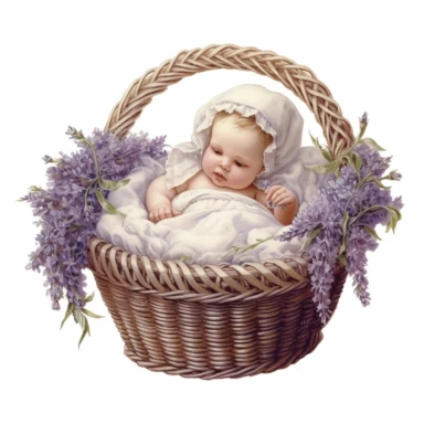 A Victorian baby, nestled comfortably in a wicker basket filled with soft, fresh lavender. The infant's clothes, made of fine white cotton, are adorned with tiny embroidered flowers. Intricate detail, hyper-realistic, solid white background. Clipart.