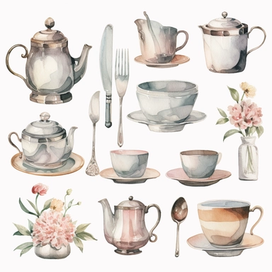 Watercolor vintage silver tea set , illustrations clipart set, simple, soft colors, cartoon elements, different variants, teapot, sugar bowl, jug of milk, , stacked china plates, tongs, china cup and saucer,napkin, stacked teacups, ,silver knife, ,silver fork, ,silver spoon,napkin, place holders, vase of flowers, separate elements with a margin