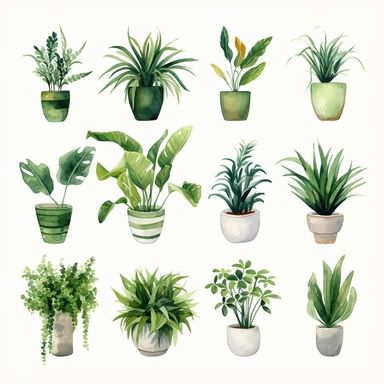 home plants with watercolor effect,suitable for digital clipart,white background,greenery plants,home style plants