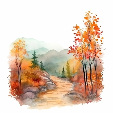 Forest Trail in the fall with fallen autumn leaves along the trail leading to majestic moutains in the distance, ClipArt watercolour white background