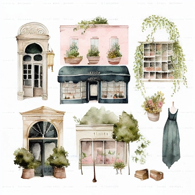 watercolor 1870s boutique clipart, isolated on white background, spaced out, hd--v 5