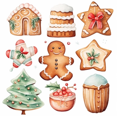 whimsical watercolour cute clip art Christmas cookies