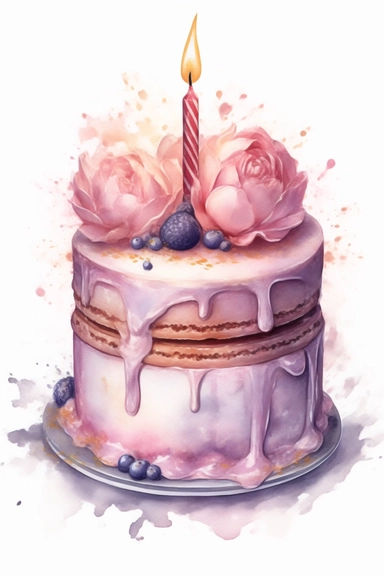 amazing detailed watercolor clipart of a beautifully detailed lilac and baby pink colored birthday cake, no caption, solid white background, cinematic light lighting, hyper-detailed, 8k, high resolution, symmetrical, full shot photograph, insanely detailed and intricate, beautiful, elegant, glamour, watercolor, cinematic