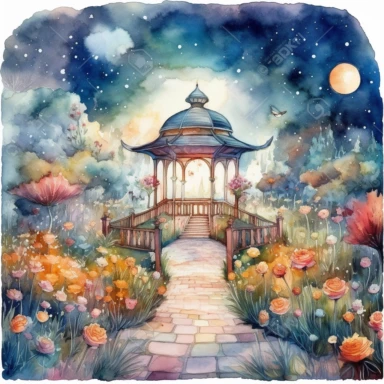clipart style, watercolor scene of A dreamlike illustration of a Moonlit Garden, with the moon casting a soft radiance on the landscape. Colorful flowers bloom alongside a winding pathway, leading to a charming garden gazebo. The starry night sky above creates a mesmerizing backdrop, evoking a sense of tranquility and enchantment in this magical garden, HD, on white background
