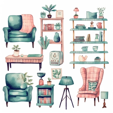 clipart furniture watercolor flat color simple lines cute cartoon white background