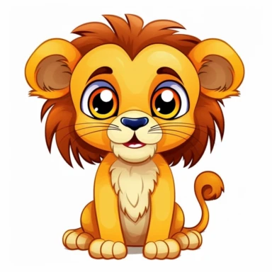 cute cartoon lion drawing, big eyes, illustration clipart, detailed, black outline, white background, digital art