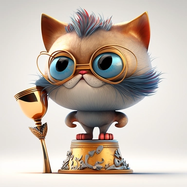 Cute pixar trophy cat, colourful illustration, high definition, 8k, very detailed, fine detail, sharp focus, illustration, white background, clipart