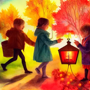children in autumn clothes on a lantern parade, toadstools, waldorf, martinmas, chalk, watercolor, clipart, white background, cartoon