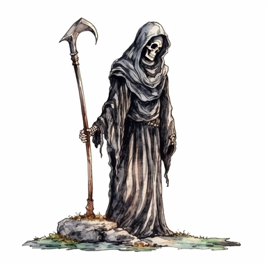 Grim Reaper hold the scythe, standing next to the tombstone, skulls Sublimation Clipart, watercolor Illustration clipart, 4K, extremely detailed, isolated on white background