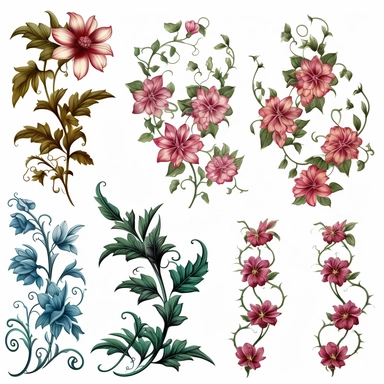 Floral Elements: A set of intricately designed floral clipart, including flowers, leaves, and vines, perfect for creating beautiful compositions