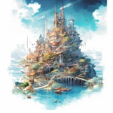 a magical floating city in the hevens, Takehisa Yumeji's art style, soft, glowing watercolour clipart, isolated clipart, white background