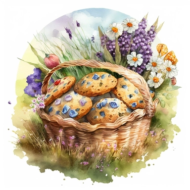 A beautifull basket full of Easter muffins lying on the grass,daisies and lavenders, a sunny day, a lively and coloured landscape, watercolour effect, Suitable for Digital Clipart , White Background, fantastic scene , Kids storybook style, detailed , ultra realistic , in a flowering circle frame