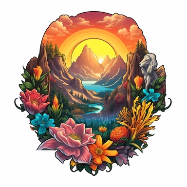 random animal, close up, a sticker, artwork of t shirt graphic of majestic forest, in digital painting style , beautiful flowers, sunset mountains and clouds , big vines, stone temple covered in vines, white background, colorful fantasy flower surround, highly detailed clean, vector image, photorealistic masterpiece, professional photography, realistic, flat white background, isometric, vibrant vector, clipart, illustration, realism, 4k, , cinematic, front view, white background, paradise, extre