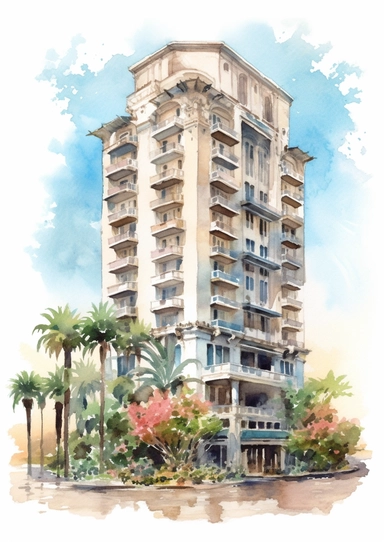 ultra detailed watercolor hotel, isolated on white background, realistic, clipart